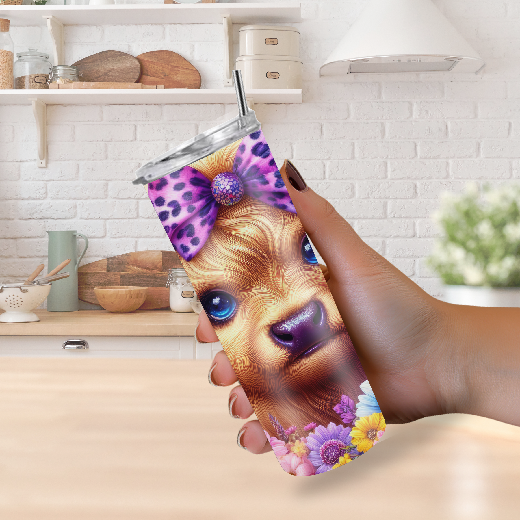 "Cute Baby Cow Laying On A Bed of Flowers" 20oz Cow Tumbler