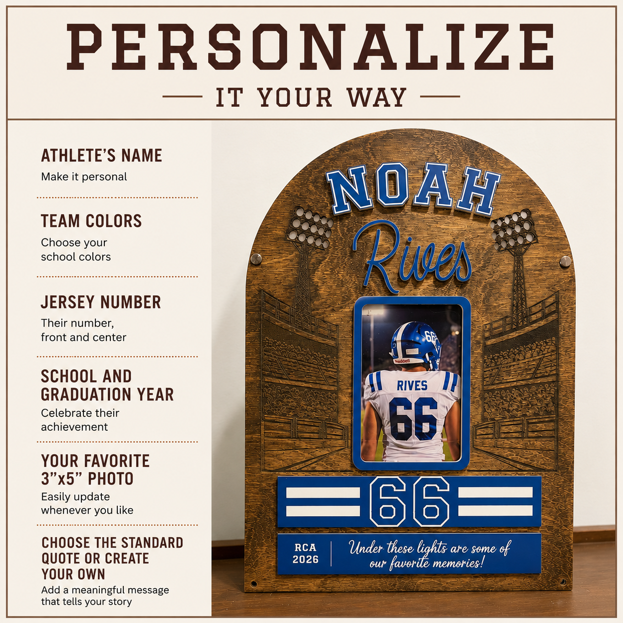 Personalized Football Keepsake Frame with Optional Lighted Stadium Scene, Custom Sport Display, Senior Night Gift