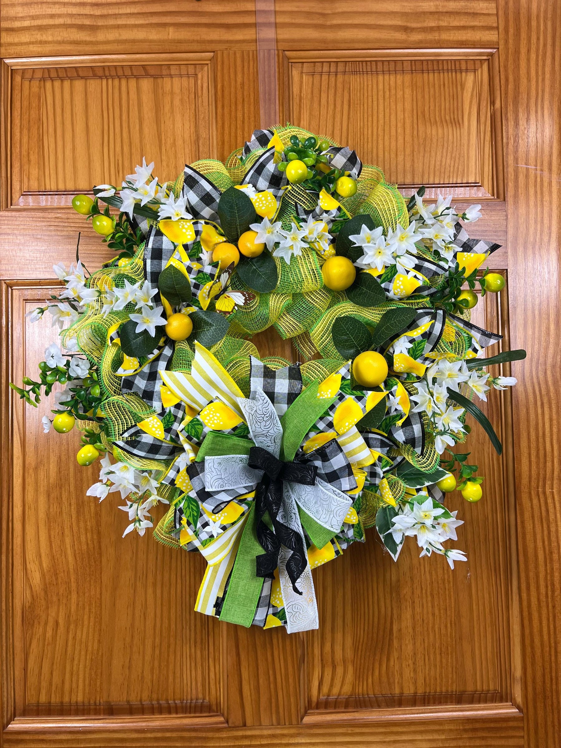 Lemon Summer Wreath | Yellow, Green & Gingham Door Decor by Bouge Creations, view 2