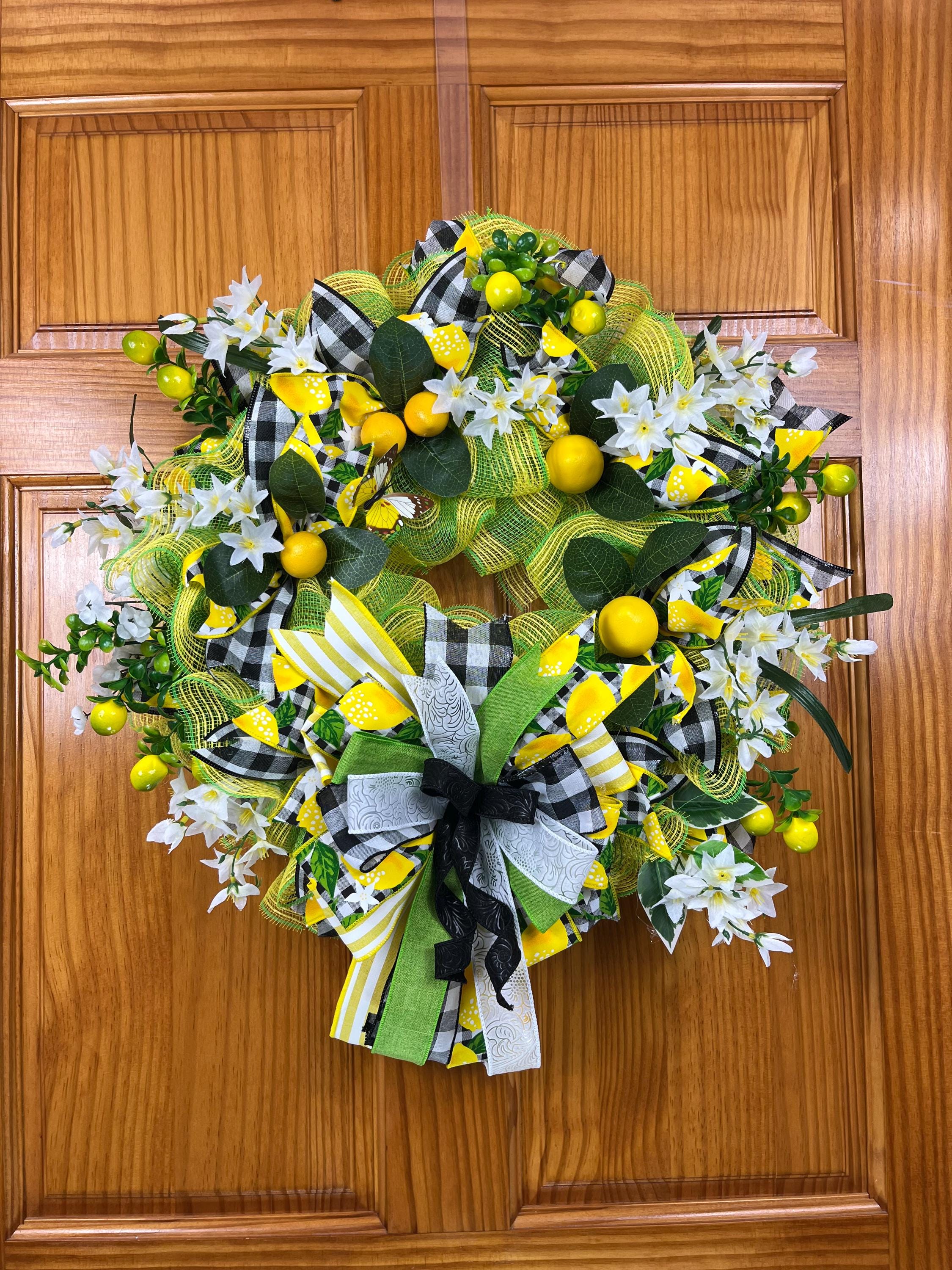 Lemon Summer Wreath | Yellow, Green & Gingham Door Decor by Bouge Creations, view 2