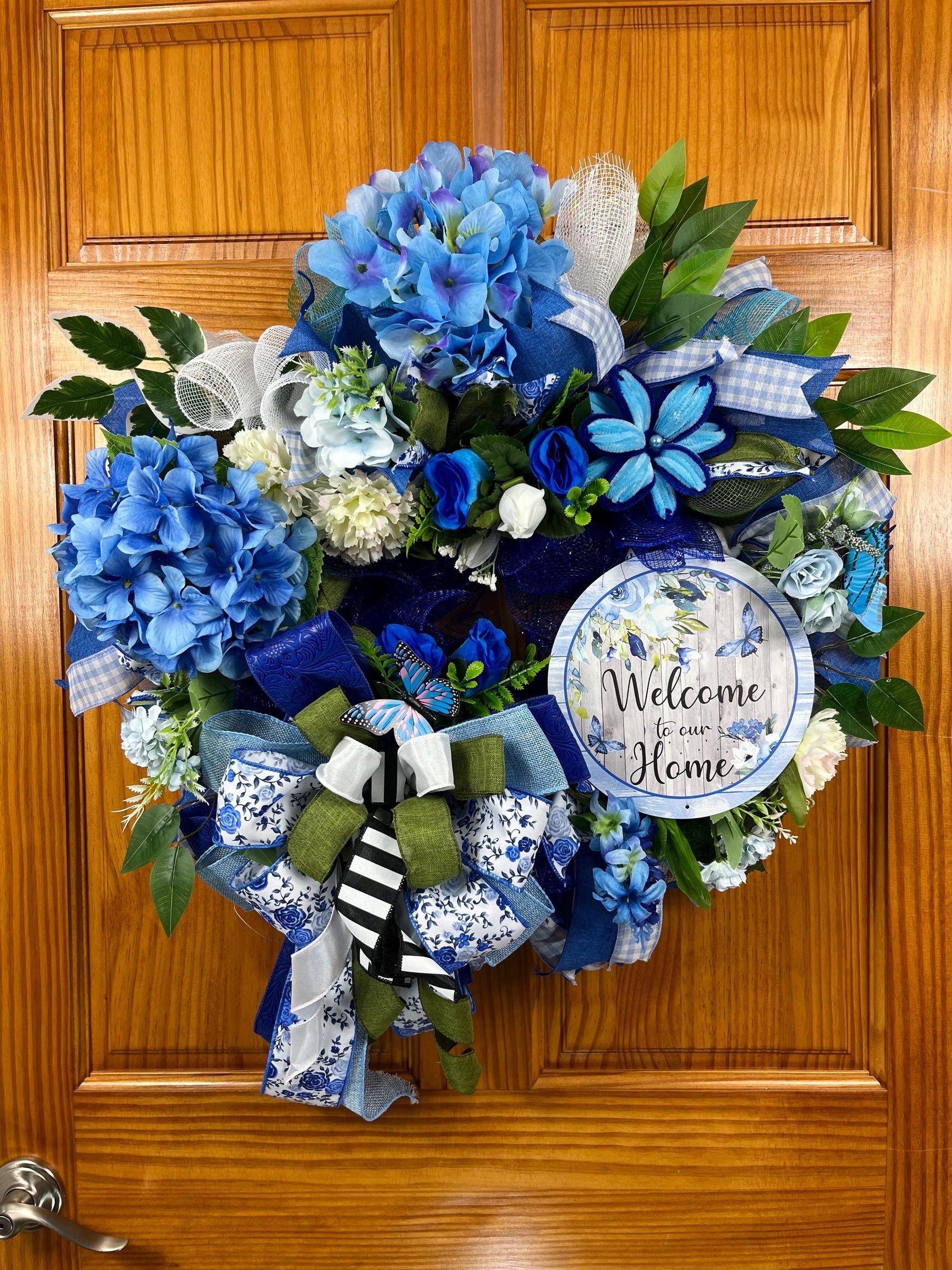 Blue Hydrangea Welcome Wreath | Front Door Decor by Bouge Creations, view 8