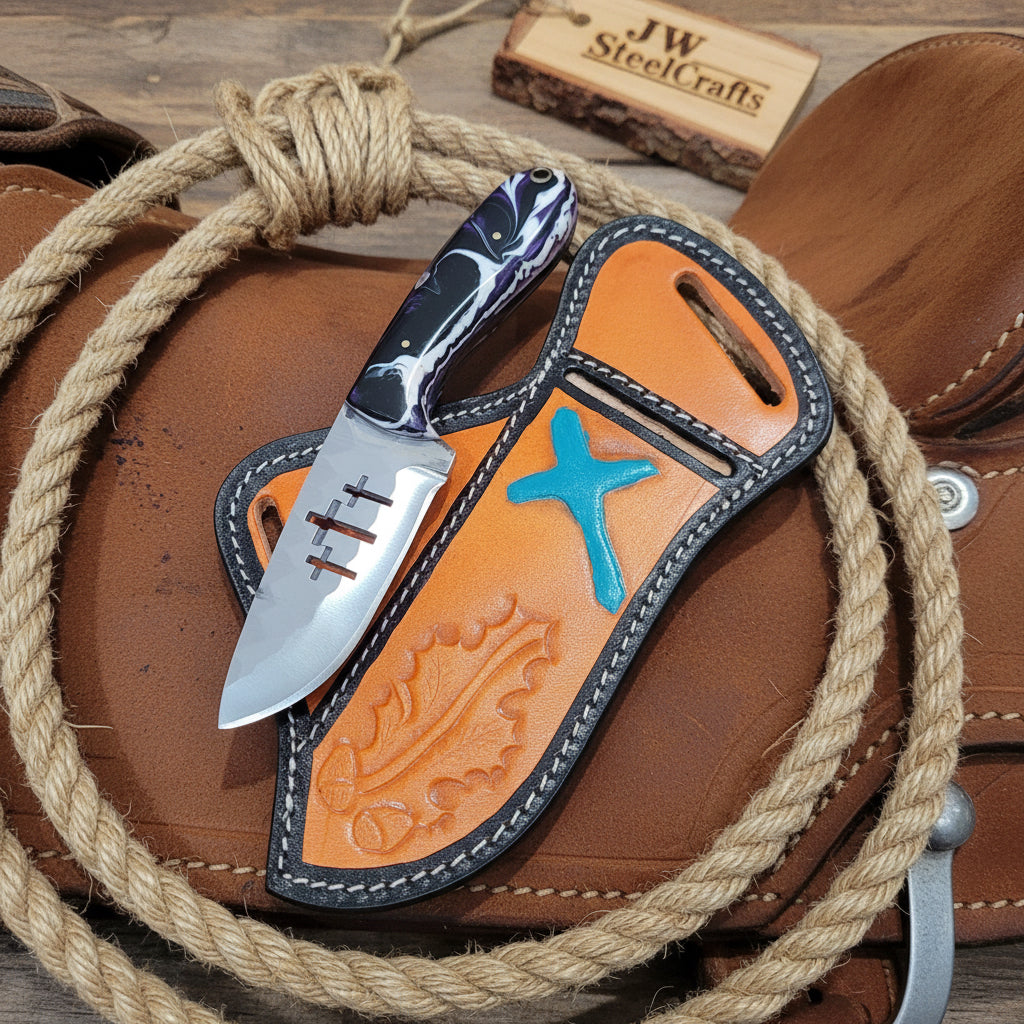 Marble Cross Ranch Knife Cross Engraved Marbled Resin Handle by JW SteelCrafts — view 1 of 1