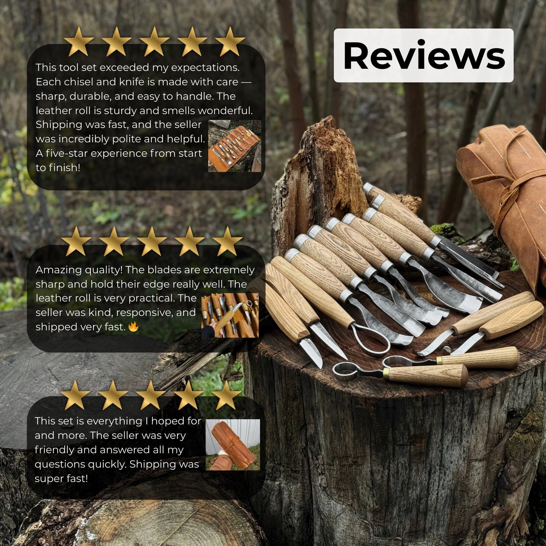 15 piece Wood Carving Tool Set with Leather Roll