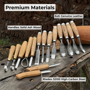 15 piece Wood Carving Tool Set with Leather Roll