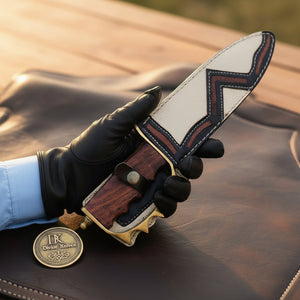Knuckle Guard Dagger Knife with Rosewood Finger Groove Grip and Two Tone Leather Sheath