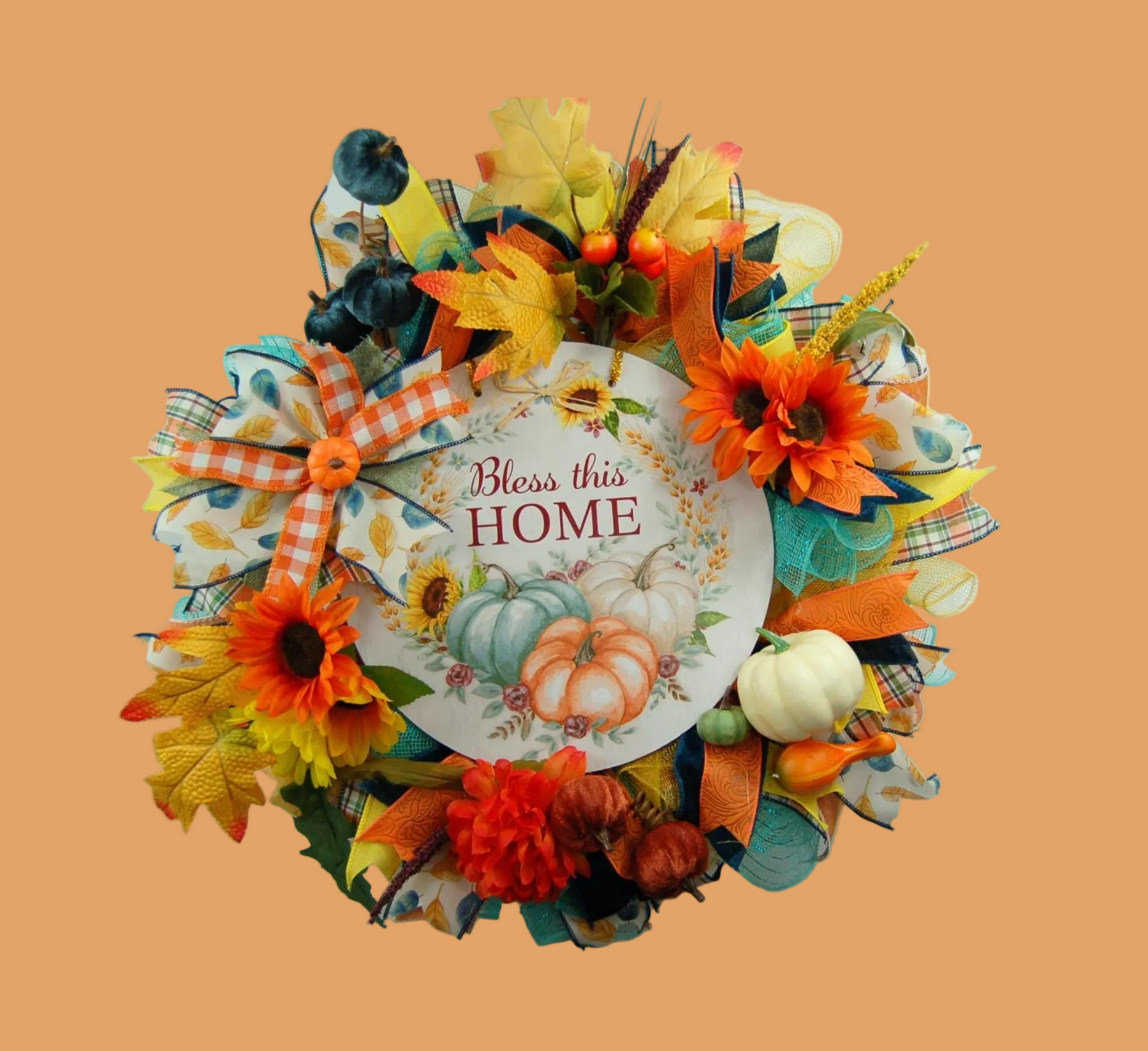 Sunflower Pumpkin Fall Wreath – ‘Bless This Home’ Autumn Decor detail view by Bouge Creations