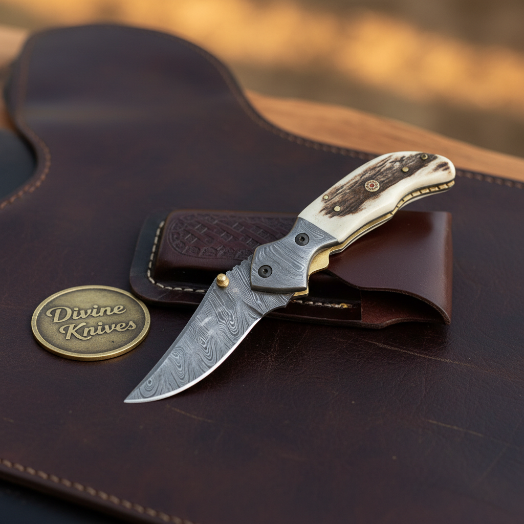 Antler Damascus Linerlock Pocket Knife for Everyday Function by Divine Knives — product view 2