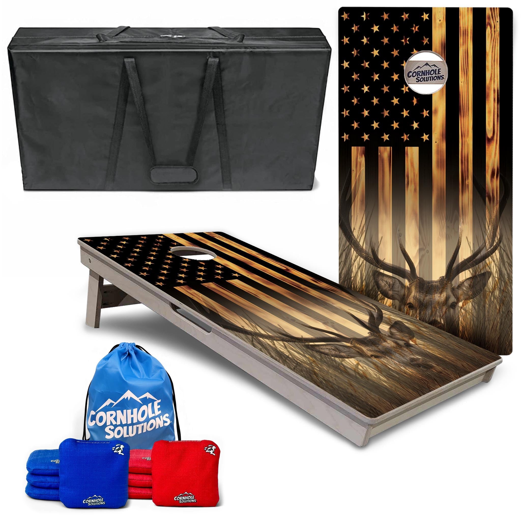 Hidden deer and fish complete tournament cornhole bundle with boards, bags, tote, and carrying case