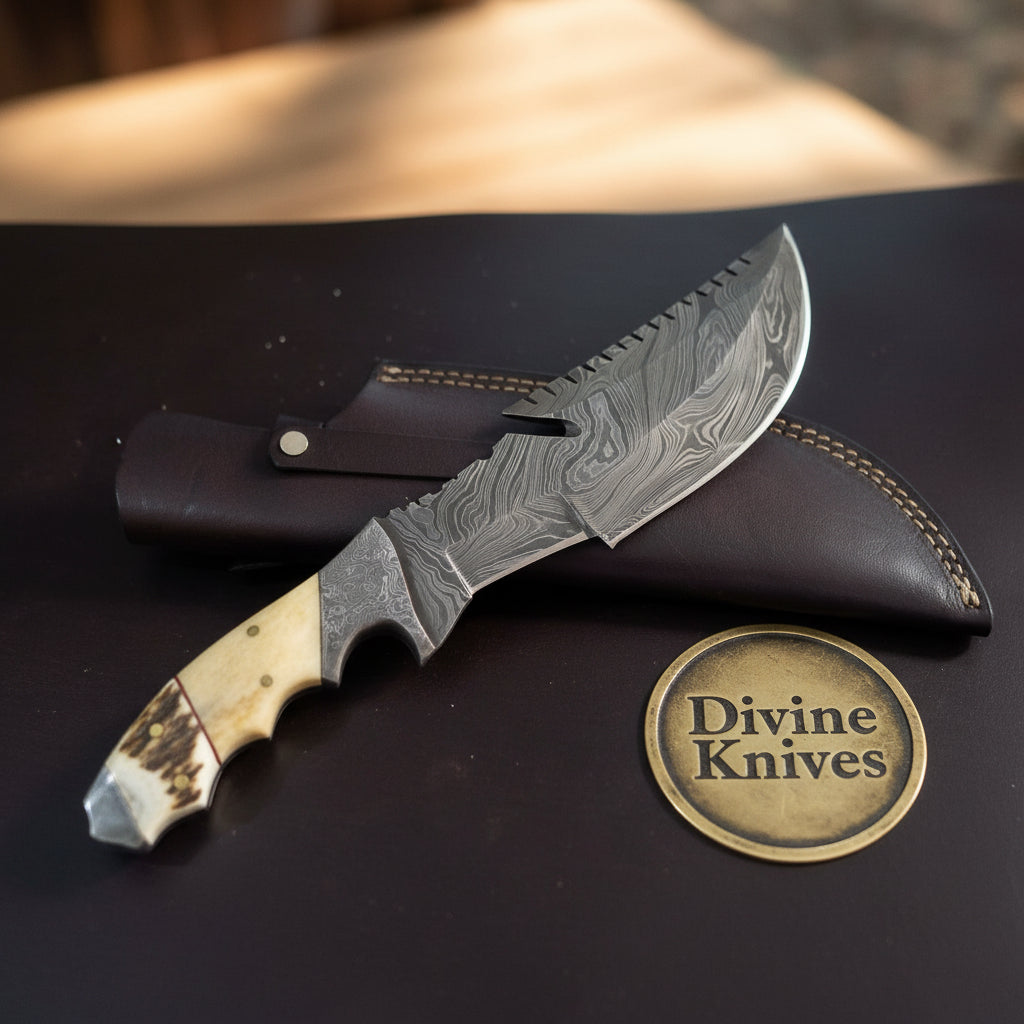 Antler & Camel Bone Damascus Bushcraft Tracker by Divine Knives