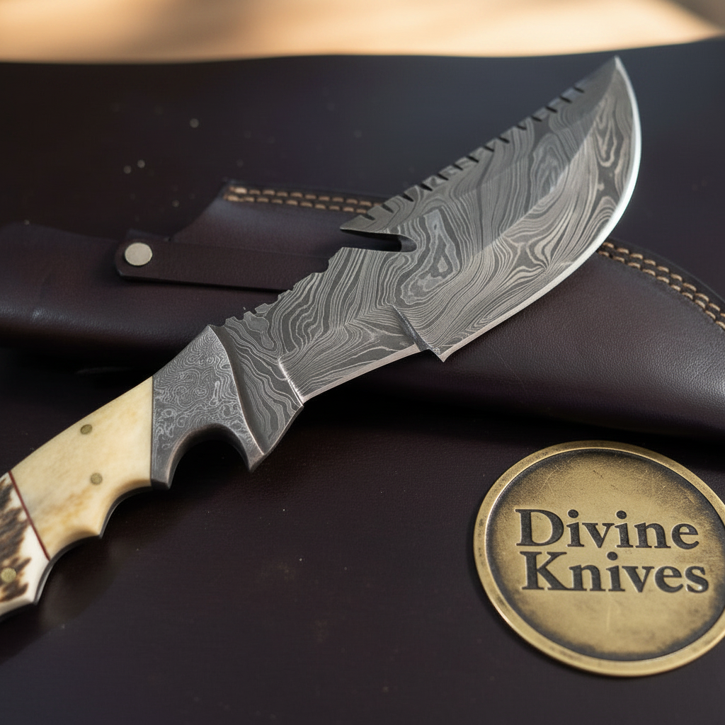 Antler & Camel Bone Damascus Bushcraft Tracker by Divine Knives — detail view 2