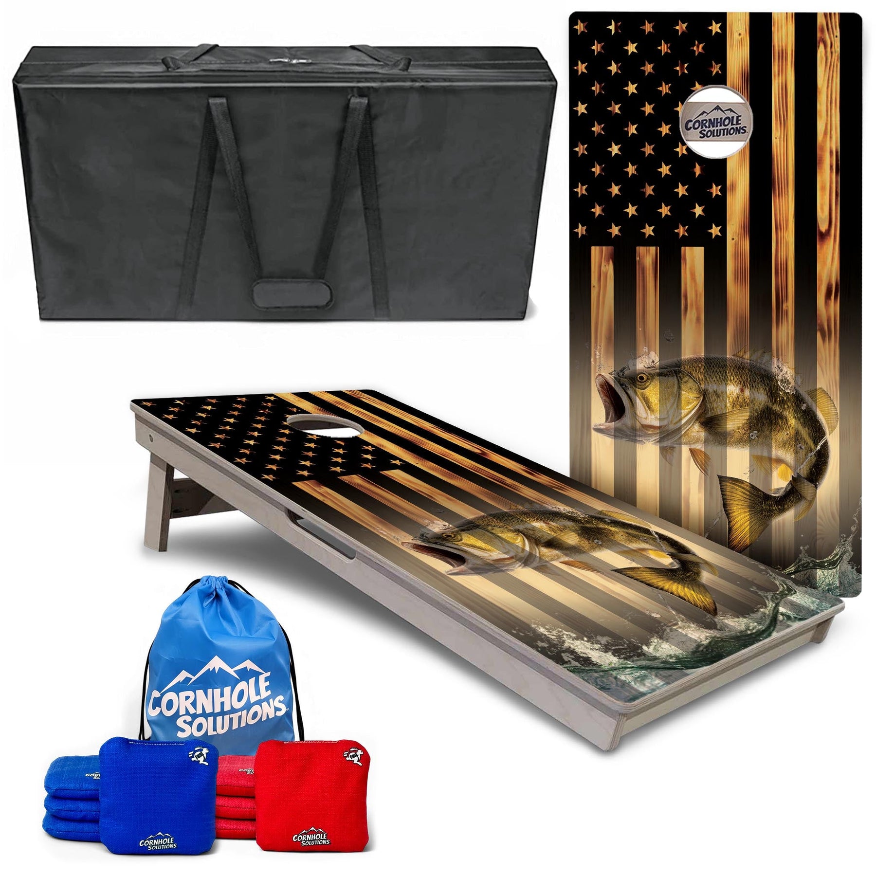 Complete Tournament Cornhole Bundle - Boards, Bags & Carrying Case - Hidden Deer/Fish