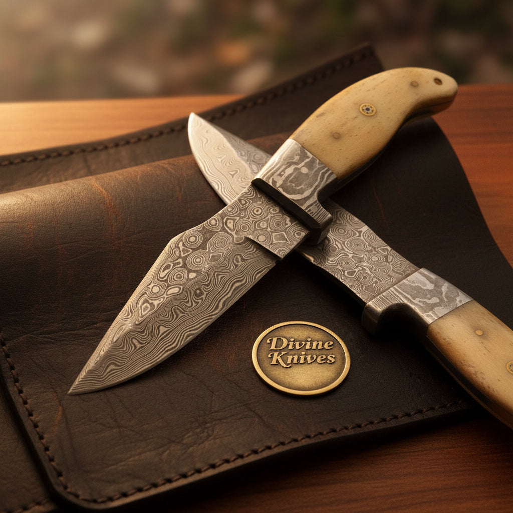 Bone Handle Hunting Knife Set with Two Hand Forged Blades and Shared Leather Roll