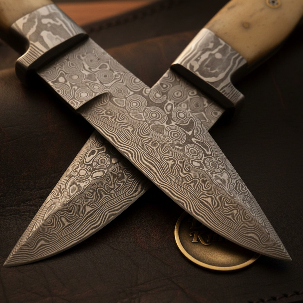 Bone Handle Hunting Knife Set with Two Hand Forged Blades and Shared Leather Roll by Divine Knives — product view 2