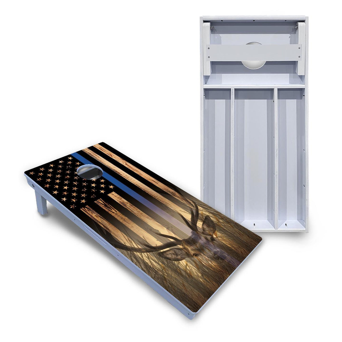 Blue & Red Line Deer & Fish Flag Cornhole Boards - All Weather Series