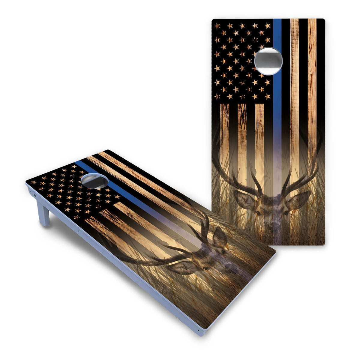 Blue & Red Line Deer & Fish Flag Cornhole Boards - All Weather Series