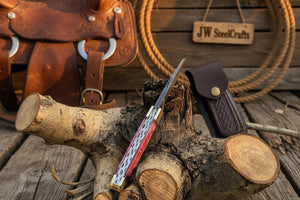 Backwoods Trapper Knife Two Blade Pink Bone Handle Steel Bolster Slip Joint detail view by JW SteelCrafts