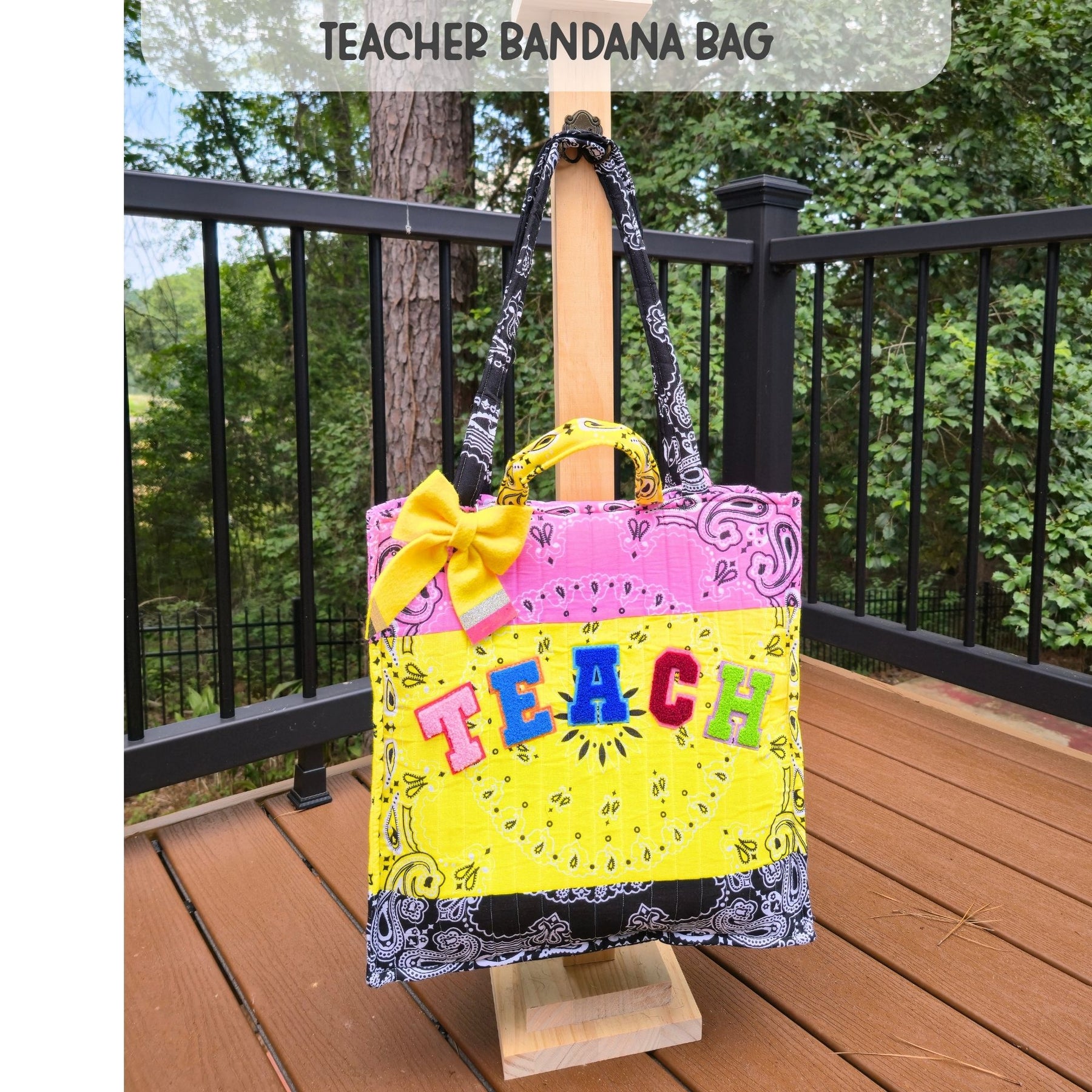 Teacher Bandana Tote Bag, Personalized Teacher Gift, Handmade School Tote, Pink Yellow Patchwork Bag, Back to School Gift