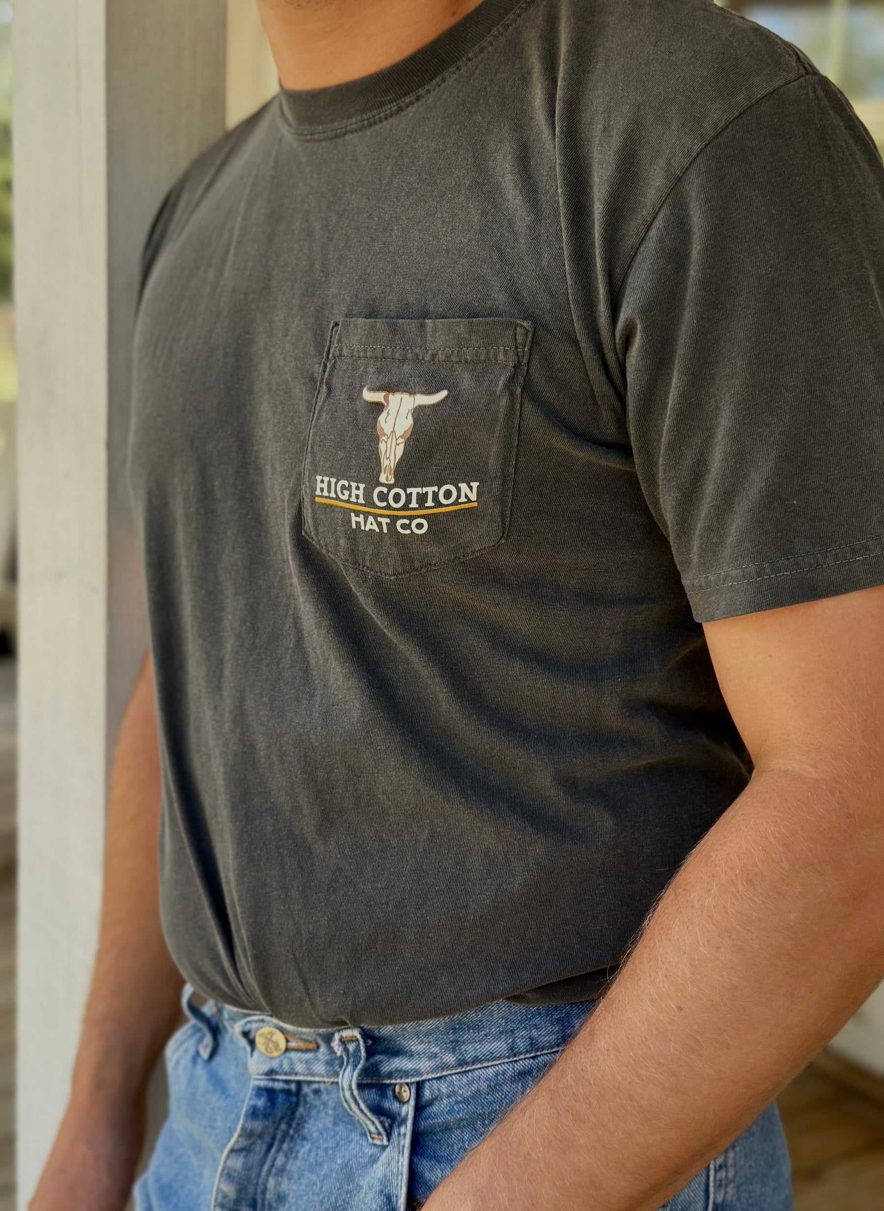 Detail view of Lorie Darlin' Comfort Colors Pocket Tee by High Cotton Hat Co