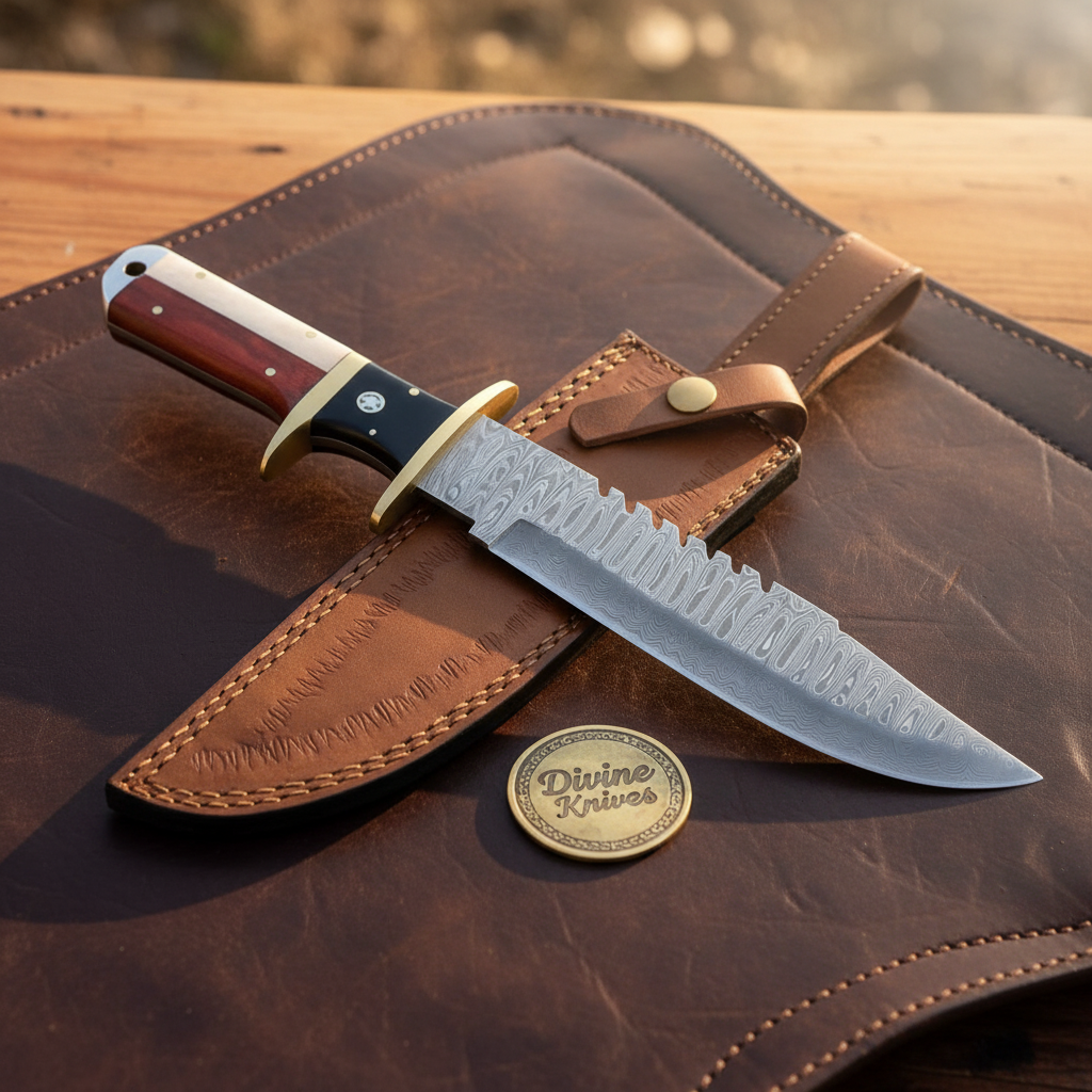 Texas Flag Sawback Sub Hilt Bowie with Damascus Blade