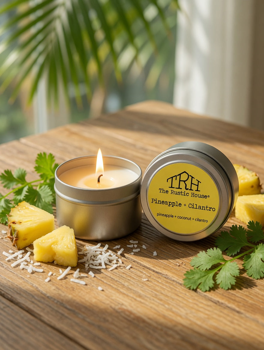 Pineapple + Cilantro Travel Tin by The Rustic House, scented candle detail photo 4