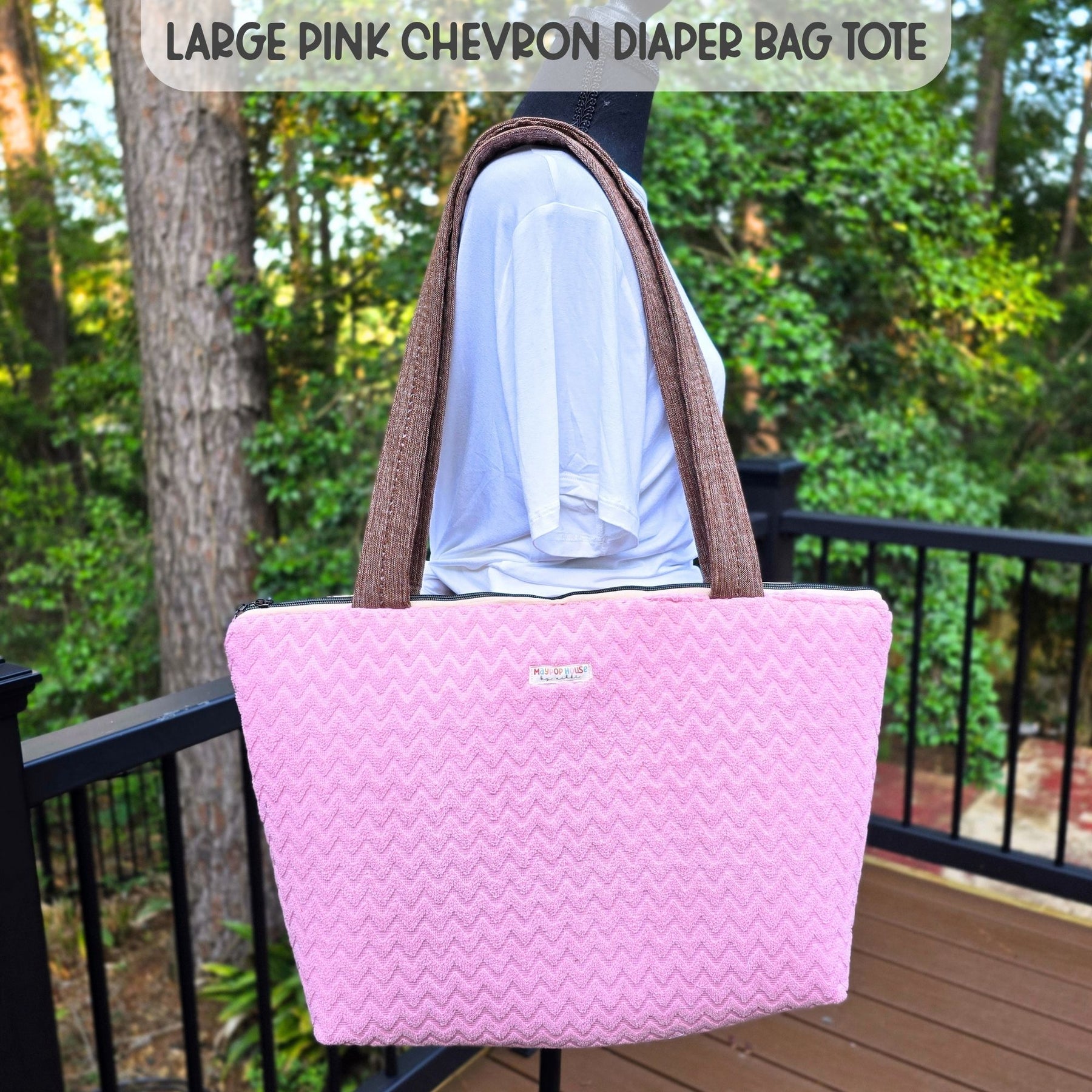 Large Pink Diaper Bag Tote, Handmade Baby Bag with Pockets, Teddy Bear Nursery Bag, Baby Shower Gift by Maypop House Designs, handmade leather goods detail photo 7