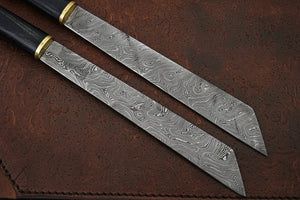 Horn Handle Tanto Knife Set with Brass Ferrules and Shared Snap Close Leather Sheath