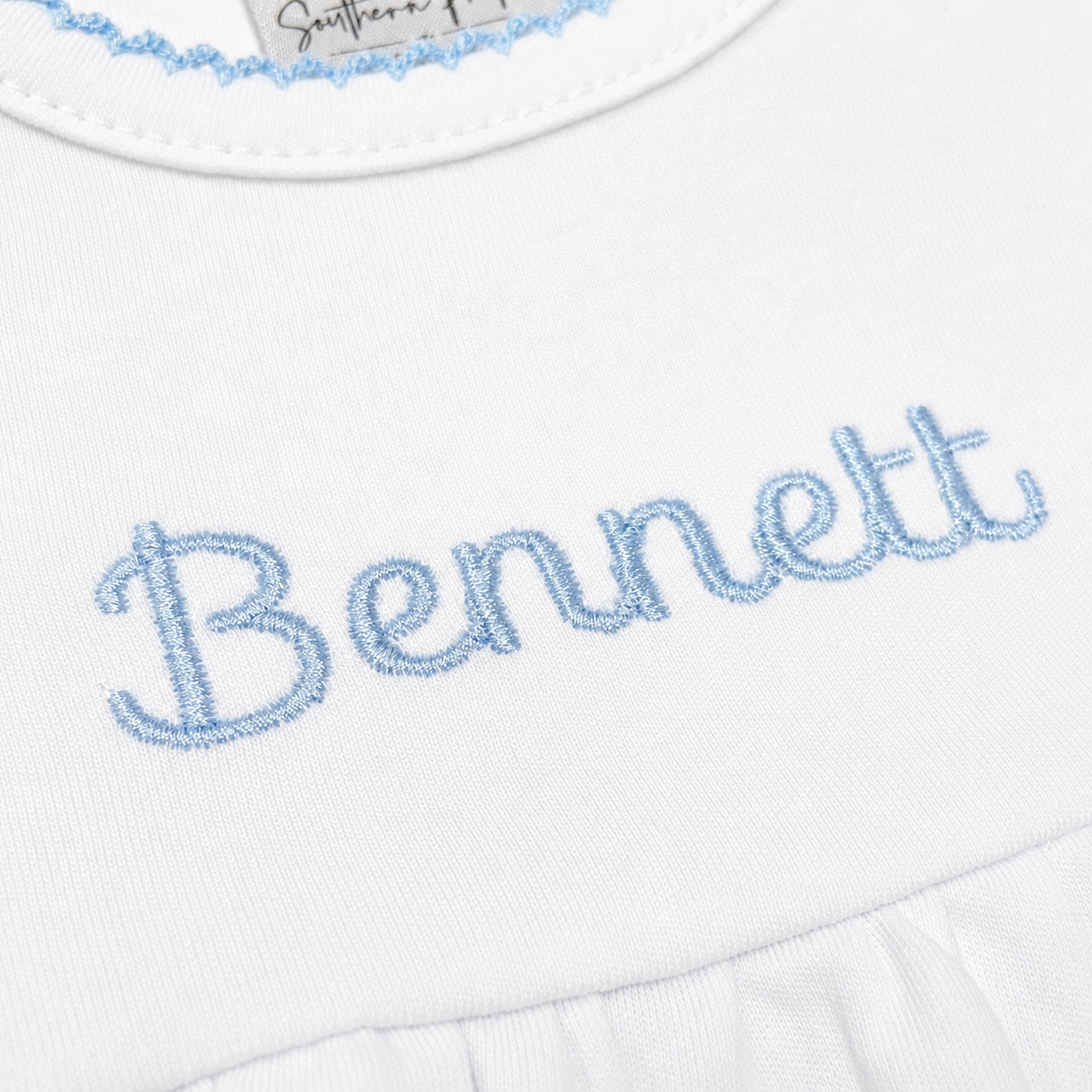 Personalized Newborn White Gown with Blue Picot Trim and Custom Embroidery