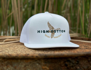 Detail view of Duck Hunting White Flat Bill Hat by High Cotton Hat Co