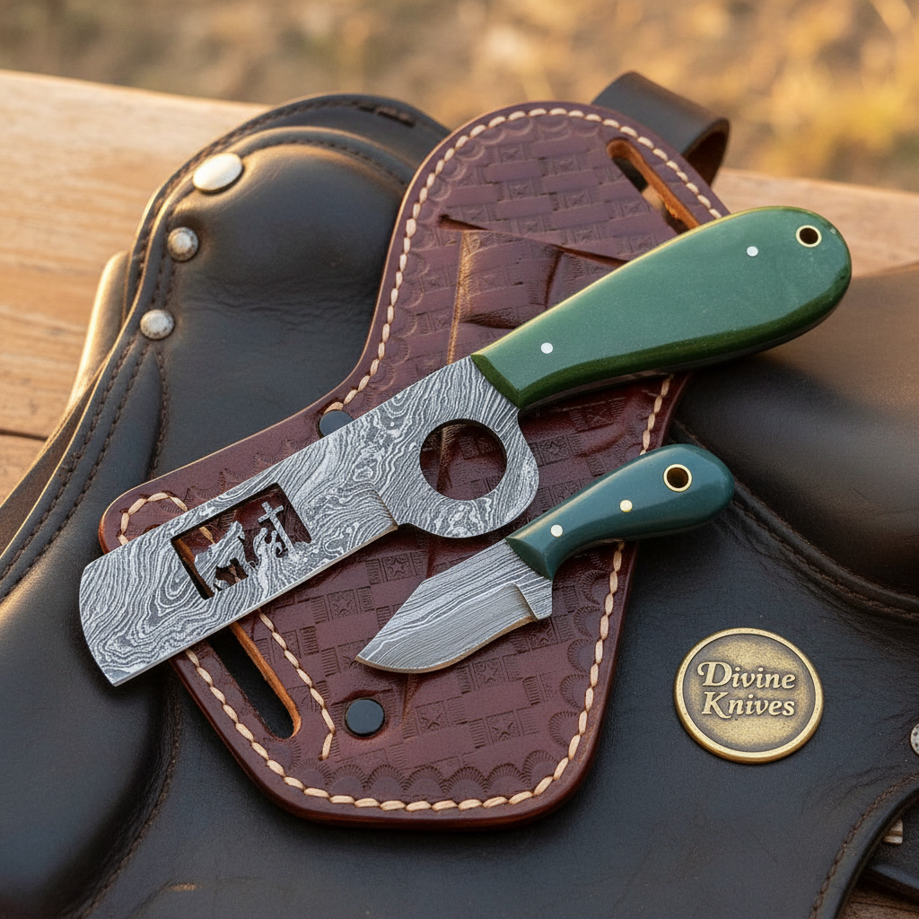 Praying Cowboy Bull Cutter & Skinner Set blade and handle detail