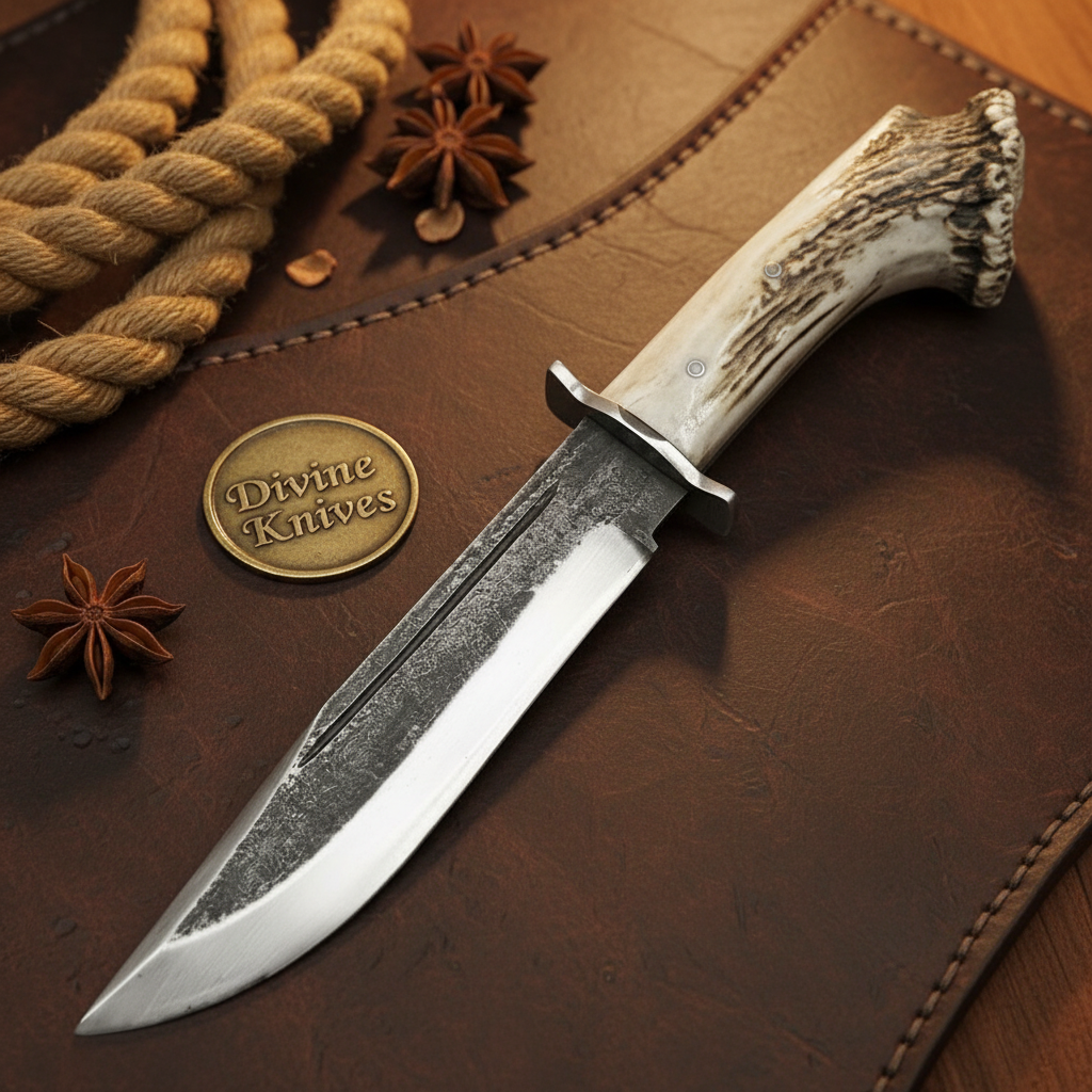 Crown Stag Hammered Crossguard Bowie Knife with Natural Antler Handle by Divine Knives — product view 2