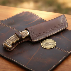 Finger Groove Sawback Skinner Knife with Amber Horn Handle for Hunting and Field Dressing