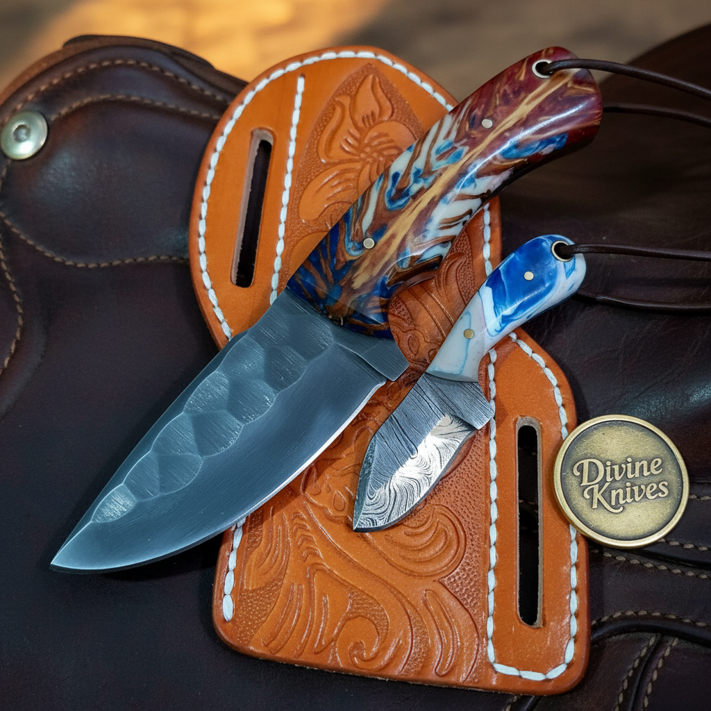 Multicolor Swirl Resin Skinner & Neck Knife Set for Daily Use