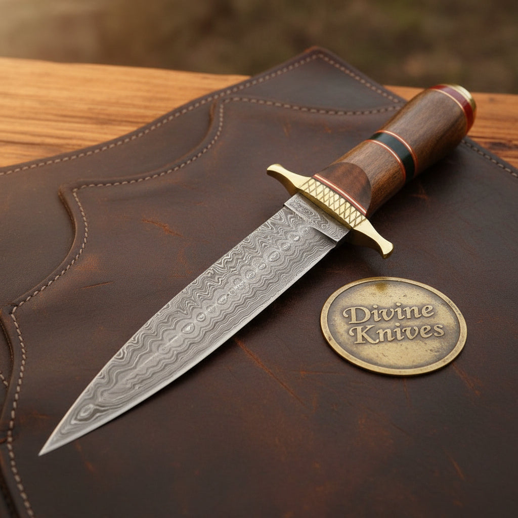 Damascus Steel Rosewood Commando Dagger with Matching Wood Sheath