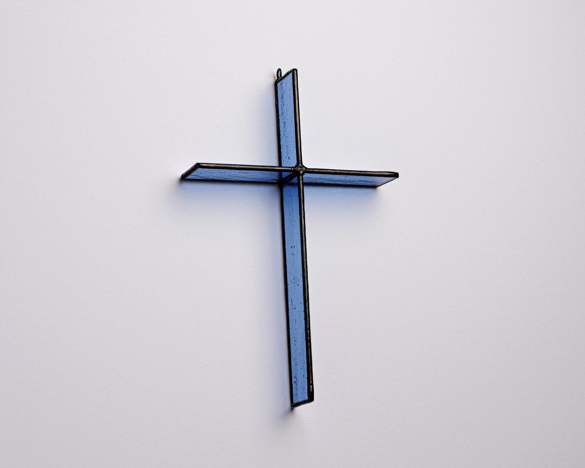 Harbor Blue Cross Suncatcher handmade stained glass cross by Greyhouse Glass
