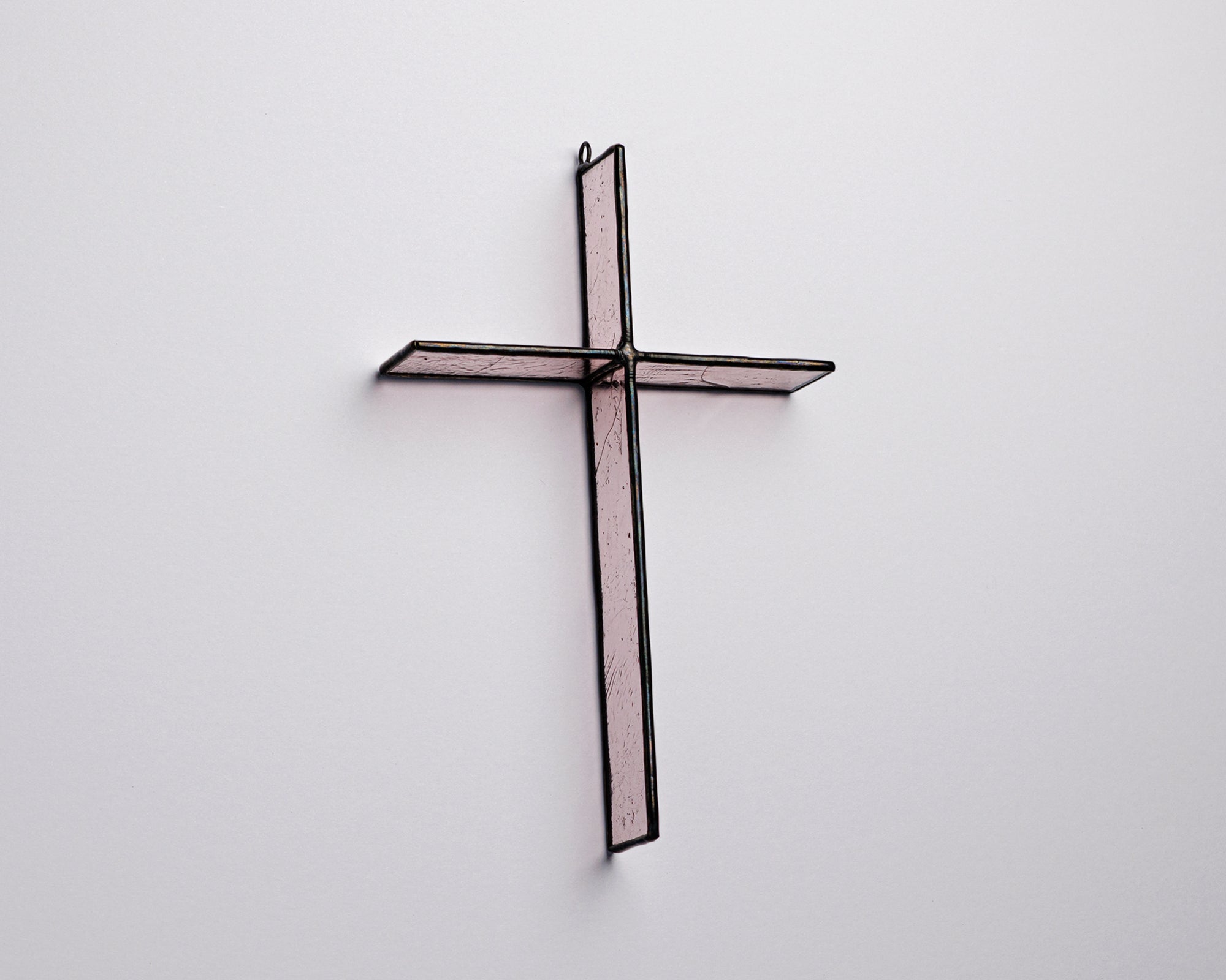 Rose Mist Cross Suncatcher handmade stained glass cross by Greyhouse Glass