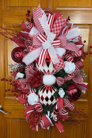 Red & White Ornament Christmas Wreath | Holiday Door Decor by Bouge Creations, view 4