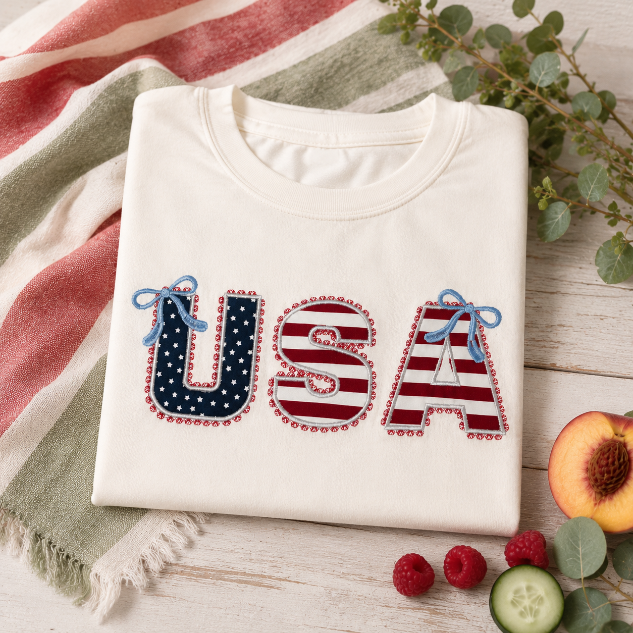 Patriotic USA Applique Shirt with Decorative Stitching and Bows