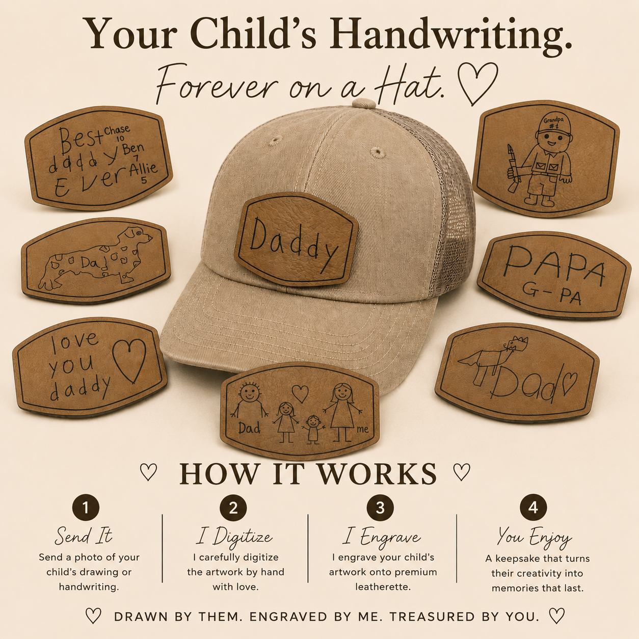 Kids Handwriting Hat Patch, Child Drawing Engraved Hat Gift