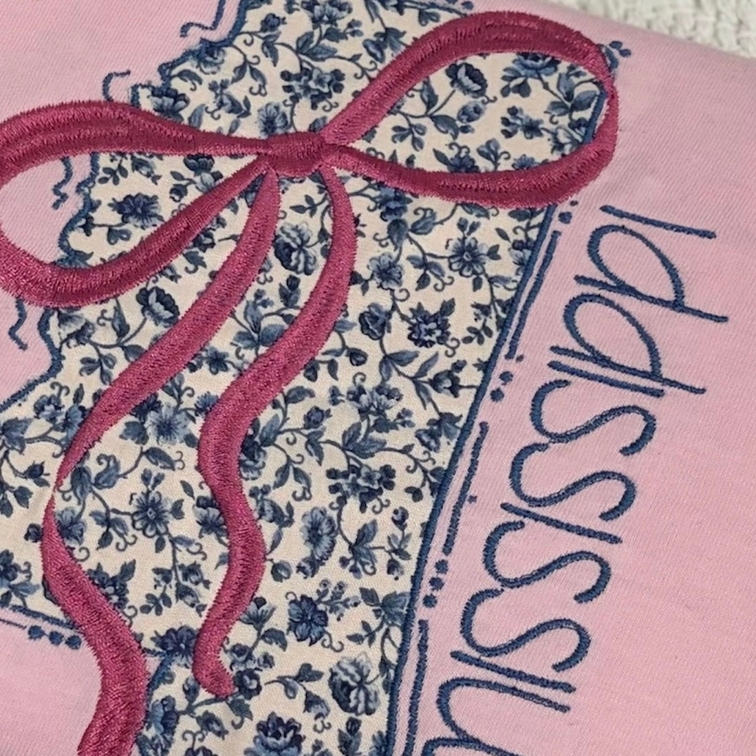 Floral Mississippi Applique Coquette Bow Tee by Poor Hog Customs, Southern lifestyle apparel detail photo 7