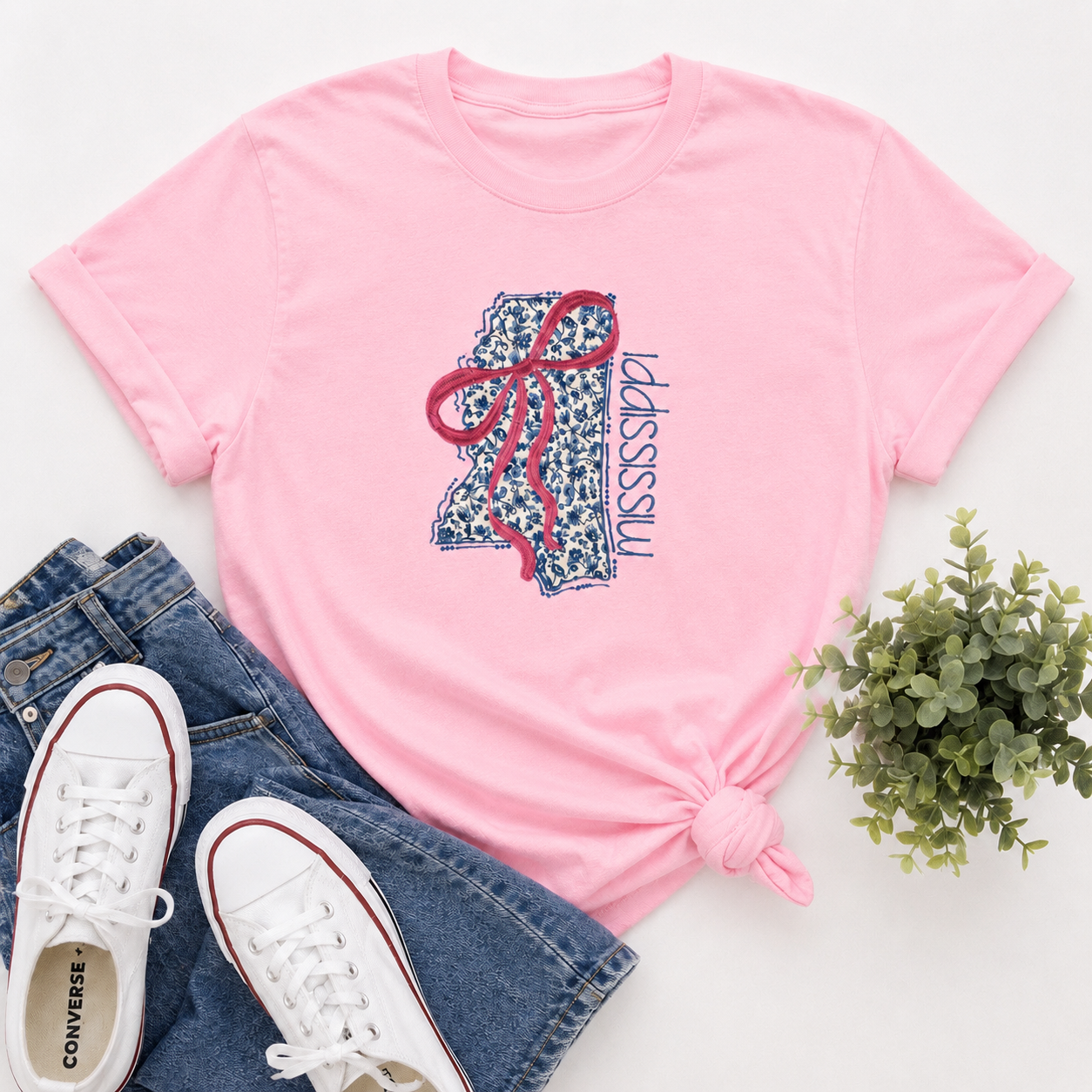 Floral Mississippi Applique Coquette Bow Tee
