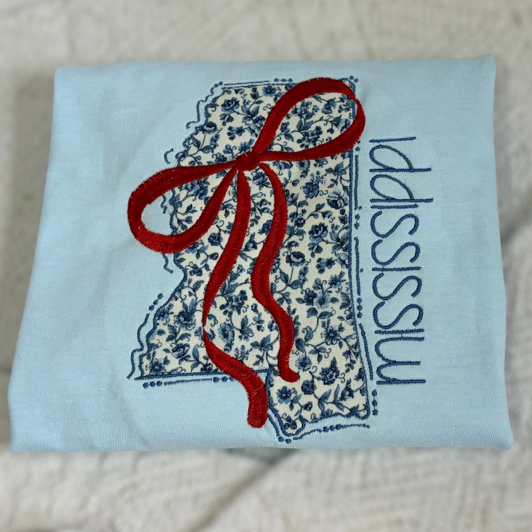 Floral Mississippi Applique Coquette Bow Tee by Poor Hog Customs, Southern lifestyle apparel detail photo 6