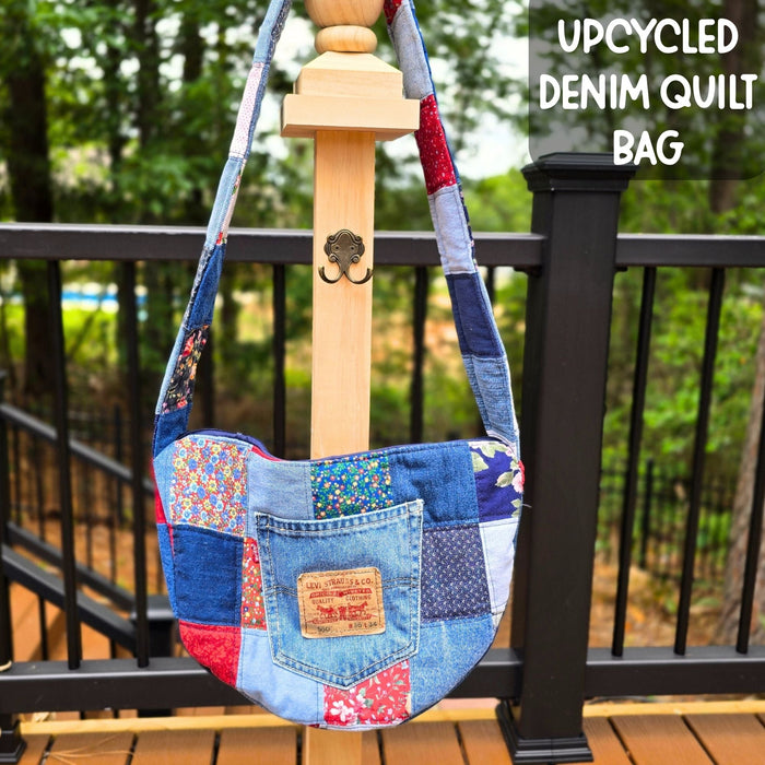 Upcycled Denim Crescent Bag, Quilted Patchwork Crossbody Purse, Boho Hobo Bag, Handmade Jean Bag, Sustainable Slouch Shoulder Bag