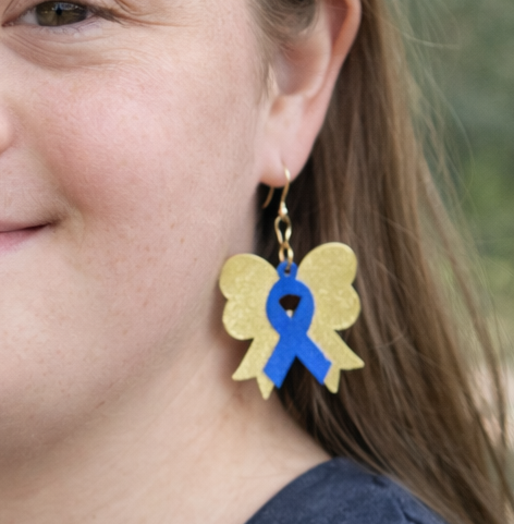 Blue Yellow Ribbon Bow Earrings, Down Syndrome Awareness Jewelry by Poor Hog Customs, handmade jewelry detail photo 2