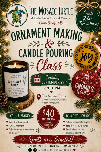 Ornament and candle pouring class at The Mosaic Turtle in Ocean Springs