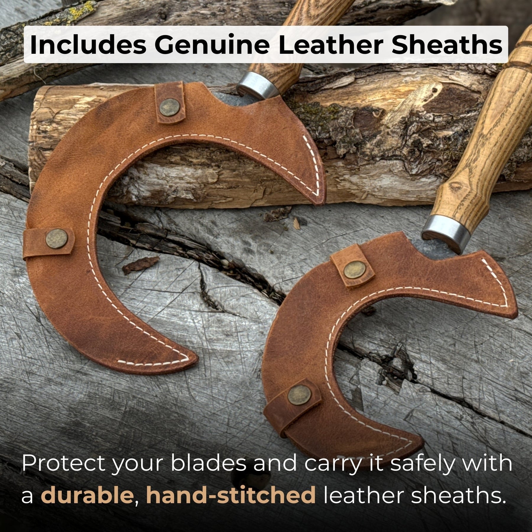2-Piece Hand-Forged Sickle Set with Leather Sheaths for Gardening