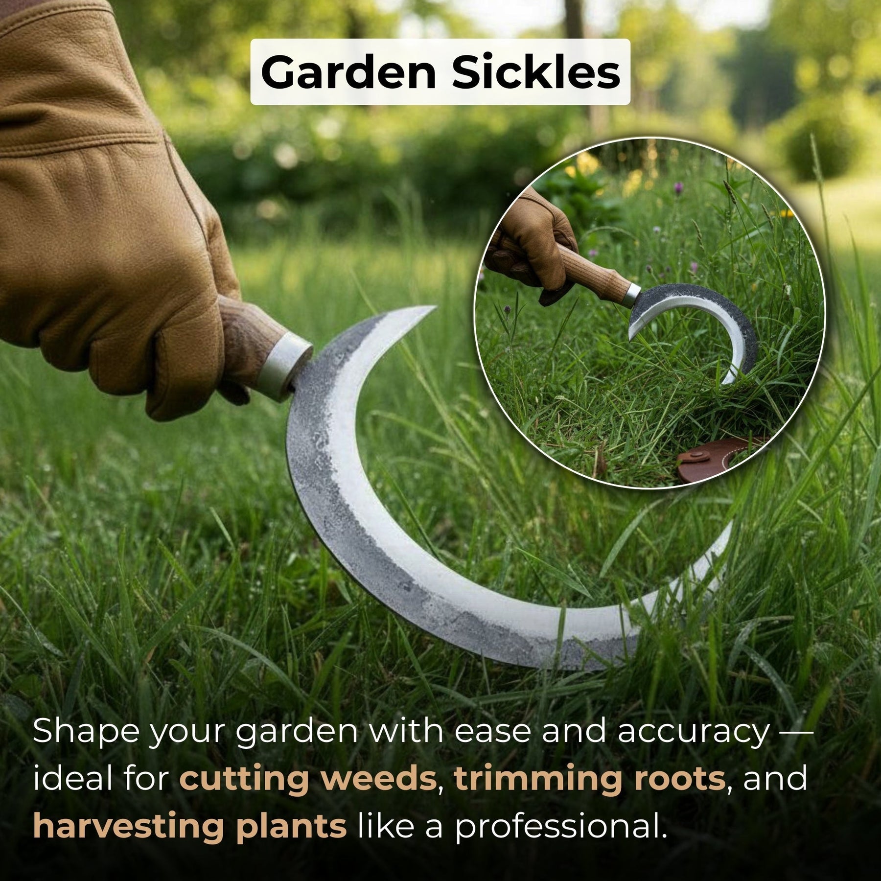 2-Piece Hand-Forged Sickle Set with Leather Sheaths for Gardening