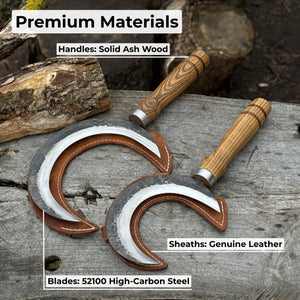 2-Piece Hand-Forged Sickle Set with Leather Sheaths for Gardening