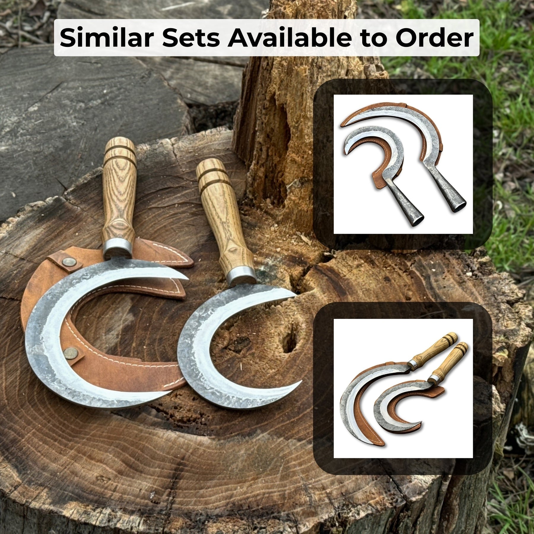2-Piece Hand-Forged Sickle Set with Leather Sheaths for Gardening