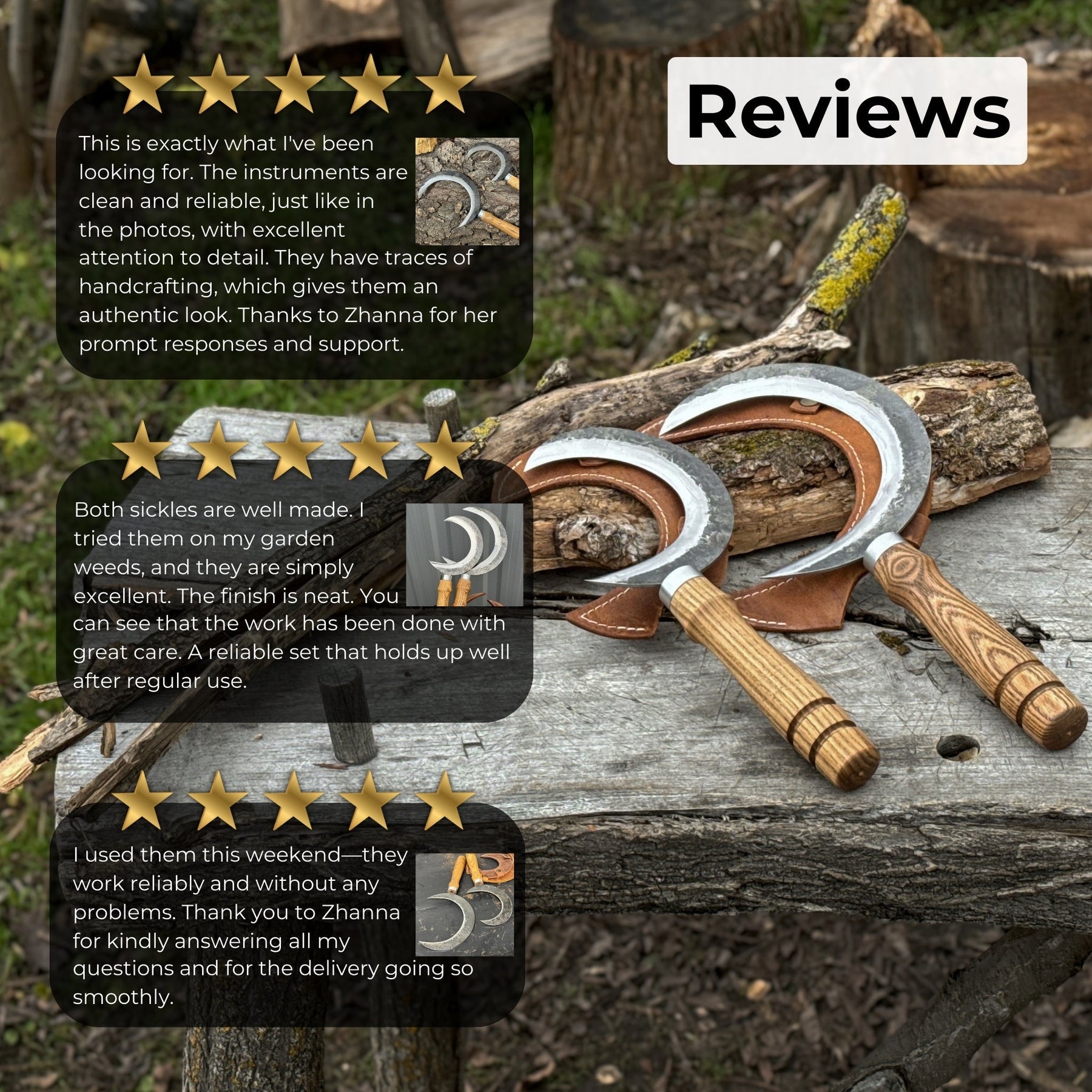 2-Piece Hand-Forged Sickle Set with Leather Sheaths for Gardening