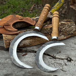2-Piece Hand-Forged Sickle Set with Leather Sheaths for Gardening